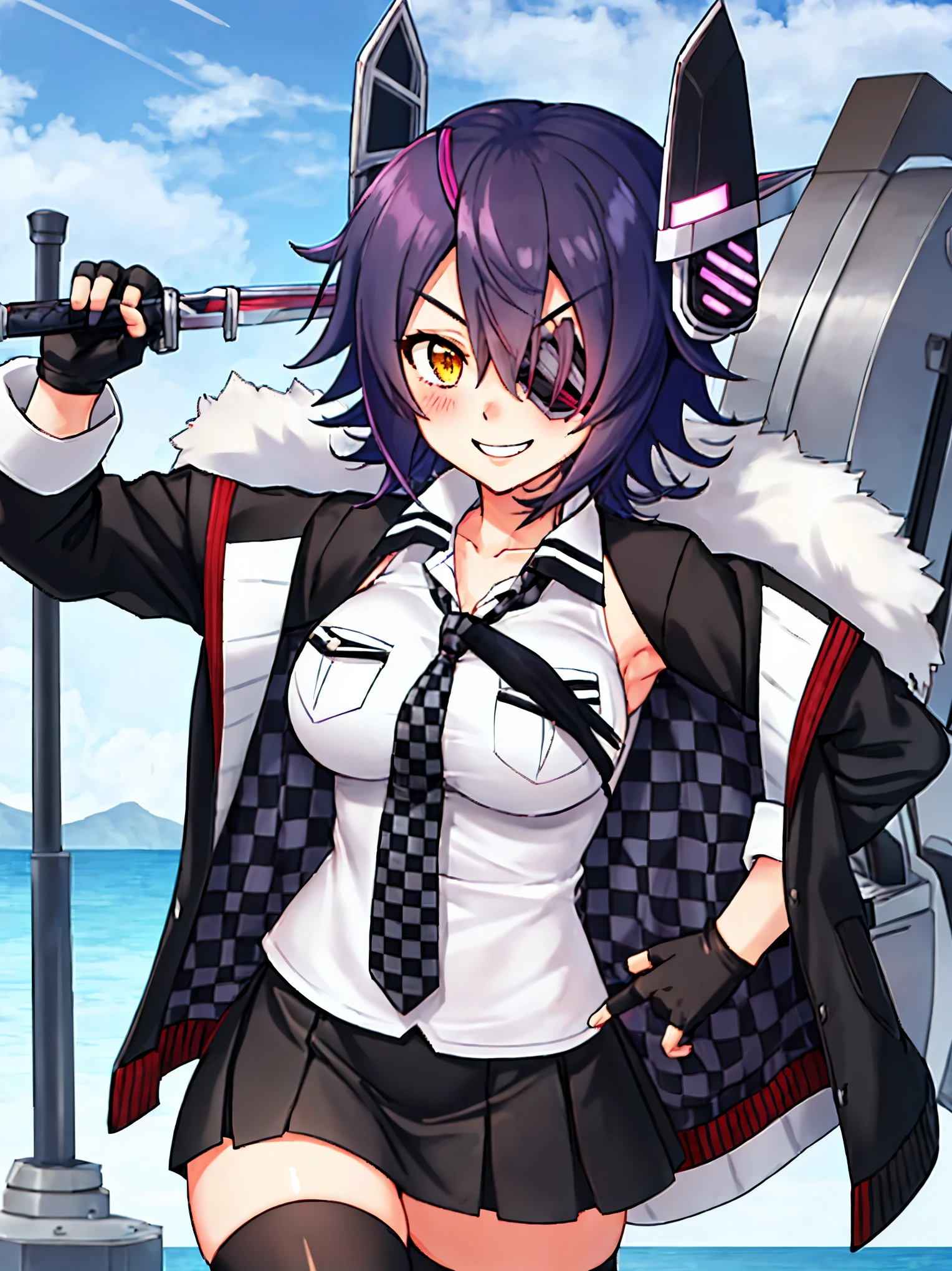 best quality, masterpiece, solo, {tenryuu_kantaicollection:1.15}, teen_girl, eyepatch, short_hair, purple_hair, yellow_eyes, headgear, breasts, necktie, large_breasts, smile, 1girl, blush, checkered_necktie, hair_over_one_eye, shirt, collared_shirt, white_shirt, jacket, sleeveless, brown_eyes, fur-trimmed_jacket, fur_trim, collarbone, looking_at_viewer, pocket, breast_pocket, ,, messy_hair, black_gloves, gloves, partially_fingerless_gloves,harbor_road_landscape_background,outdoor,short_skirt,thigh-highs,boots,sunlight,from_below,solo