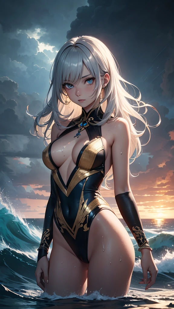 1 woman, smooth, sexy pose, small breasts, Pornographic shooting, visible from the front, cloudy sky, cinematic lighting, detailed background, beautiful eyes, High resolution, Dystopian palace, luxurious atmosphere, Ultra detailed, stunning image, dark storm clouds, lightning in the center, beautiFul naked goddess, open vagina, sexy pose, sexy erotic body, silver and gold bracelet, lantern, girl with shiny silver hair, dark blue sea, big waves, Oriental mandala tattoos, transparent dresses, skin wet from water, stormy skies