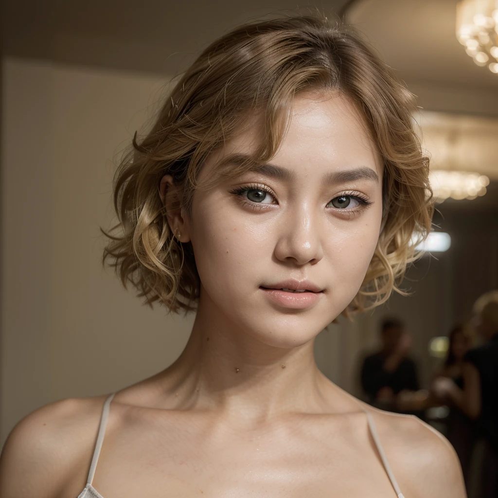 Breathtaking cinematic photo of a 21 year old girl, south korean asian girl named Lee Hae-hyun with blonde hair and grey eyes, happy, cheerful expression, closed mouth, beautiful lips, intricate details, shallow depth of field, highly detailed, high budget, epic Hollywood film, gorgeous, masterpiece, award-winning, professional, highly detailed, detailed skin texture, (blush: 0.5), (goosebumps: 0.5). (the most beautiful woman in the world) (blonde hair) (short curly hair, wild hair, stylish cut) thin face, thin nose, beautiful, very beautiful, perfect face, slender body (slender), (blonde hair) (grey eyes ) (white skin) Beautiful body, western face, predatory eyes, pink lips, thick thighs. full body, western beauty, thin nose, beautiful, perfect, ((best quality)), ((ultra resolution)), ((photorealistic: 1.4)), (intricate details), perfect face, makeup: 1.5 , clear face, facial details. front view ((uniform, tactical costume, agent costume, spy))