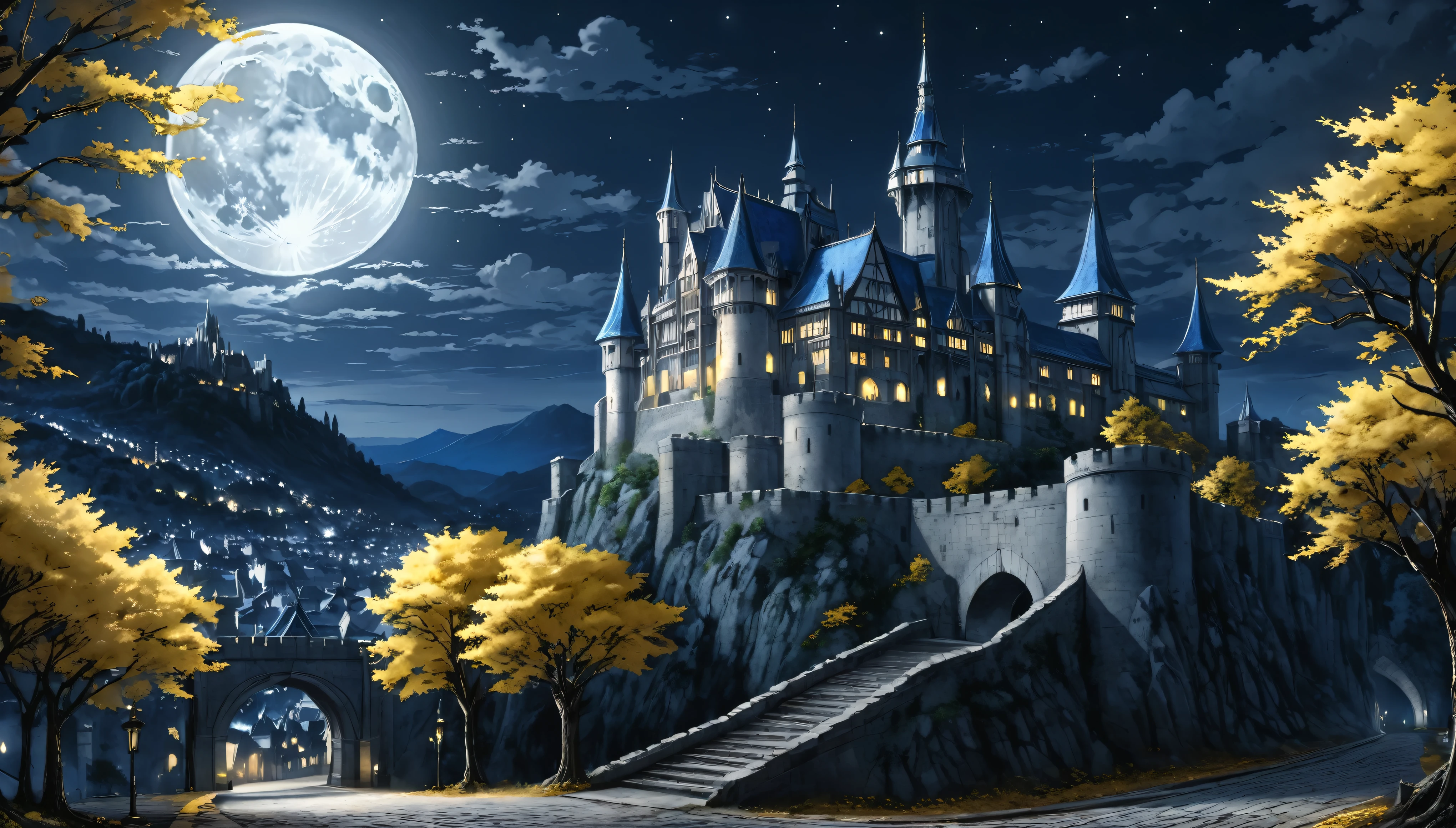 anime aestetics, anime scenery, gigantic blue moon over the castle, capital of ashes, stone roads, tall white stone buildings, beautiful architecture, elden ring capital, night, fullmoon, tall trees with silver leaves, elden ring scenery, gigantic structure, medieval capital, dark fantasy setting, dark night, grey yellow an blue colours, atmospheric perspective, perspective, wide shot, from side, 4K, 8k, highres, best quality, award winning, super detail, accurate, masterpiece, UHD