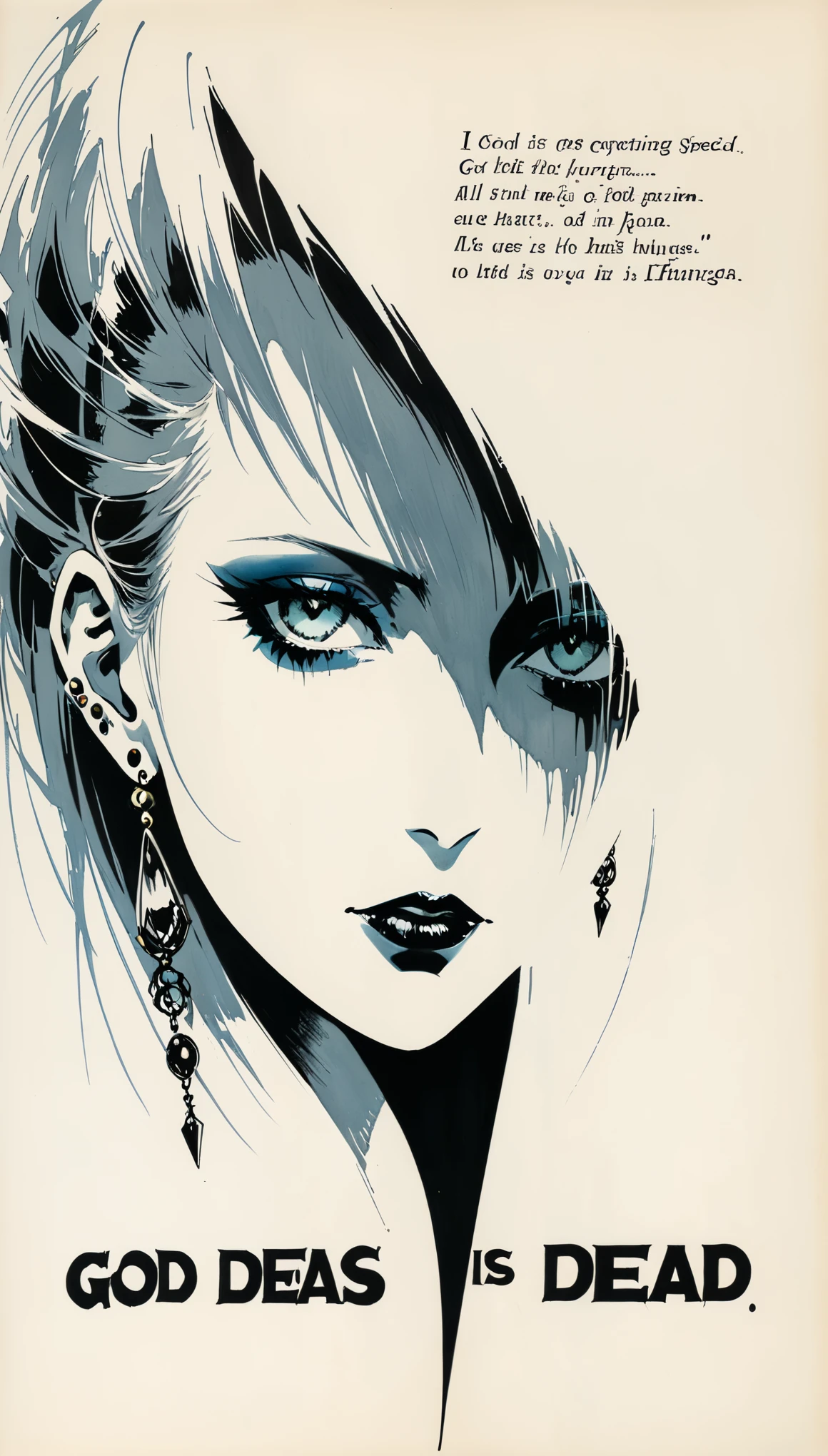 in style of Gris Grimly,in style of Hans Hartung 
amazing artistic special effects from Hans Hartung,{with the text:"GoD IS DEAD":1.8},1girl,captivating gaze,multiple earrings