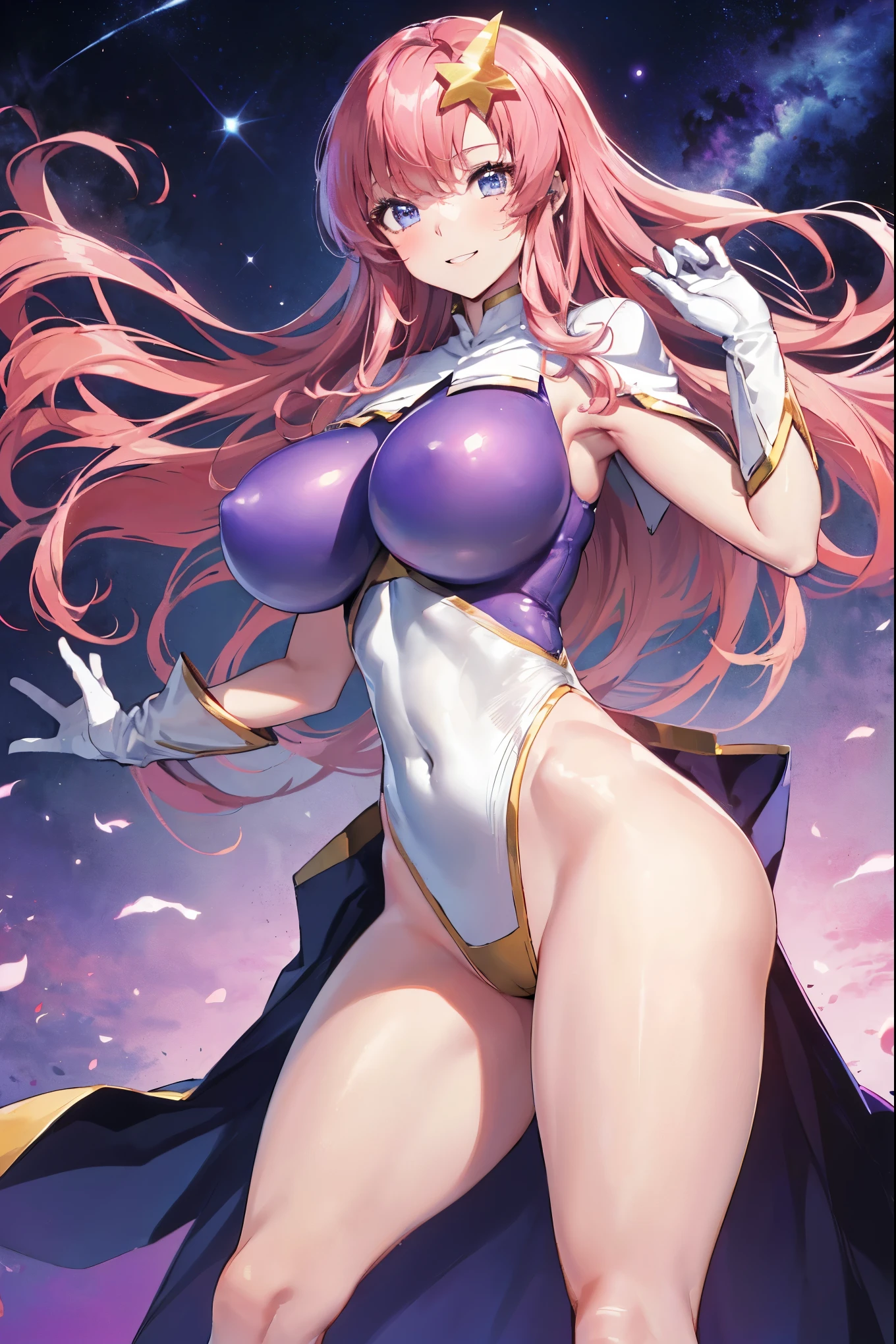 (masterpiece)、(Highest image quality)、(Super detailed)、(extremely detailed)、4K、(8K)、Highest image quality、(beautiful)、
more campbell, 1 _girl, star hair ornaments, hair ornaments, pink hair, long hair, gloves, Leotard Purple leotard, white leotard, leotard that bites、(gigantic_tits:1.2)、thick thighs、,light smile、dynamic pose、gravure、dynamic angle、noise removal、emphasis on crotch、chest enhancement,open_legs