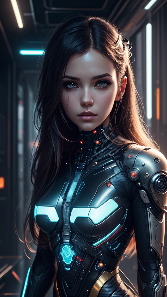 a woman with long hair and a futuristic outfit, portrait beautiful sci - fi girl, dreamy cyberpunk girl, beutiful girl cyborg, 4k highly detailed digital art, beautiful digital artwork, wlop. scifi, beautiful cyberpunk girl face, cyborg girl, cyborg - girl, 4k detailed digital art, cute cyborg girl, artgerm julie bell beeple