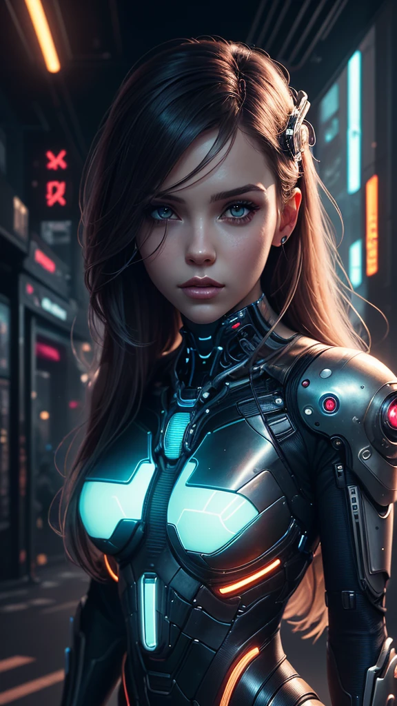 a woman with long hair and a futuristic outfit, portrait beautiful sci - fi girl, dreamy cyberpunk girl, beutiful girl cyborg, 4k highly detailed digital art, beautiful digital artwork, wlop. scifi, beautiful cyberpunk girl face, cyborg girl, cyborg - girl, 4k detailed digital art, cute cyborg girl, artgerm julie bell beeple