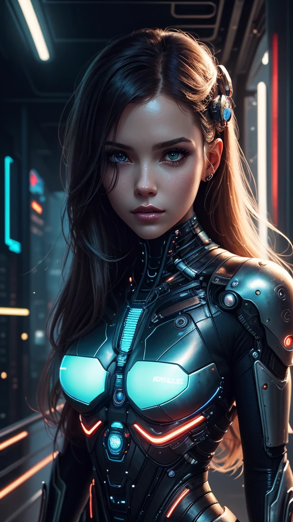a woman with long hair and a futuristic outfit, portrait beautiful sci - fi girl, dreamy cyberpunk girl, beutiful girl cyborg, 4k highly detailed digital art, beautiful digital artwork, wlop. scifi, beautiful cyberpunk girl face, cyborg girl, cyborg - girl, 4k detailed digital art, cute cyborg girl, artgerm julie bell beeple