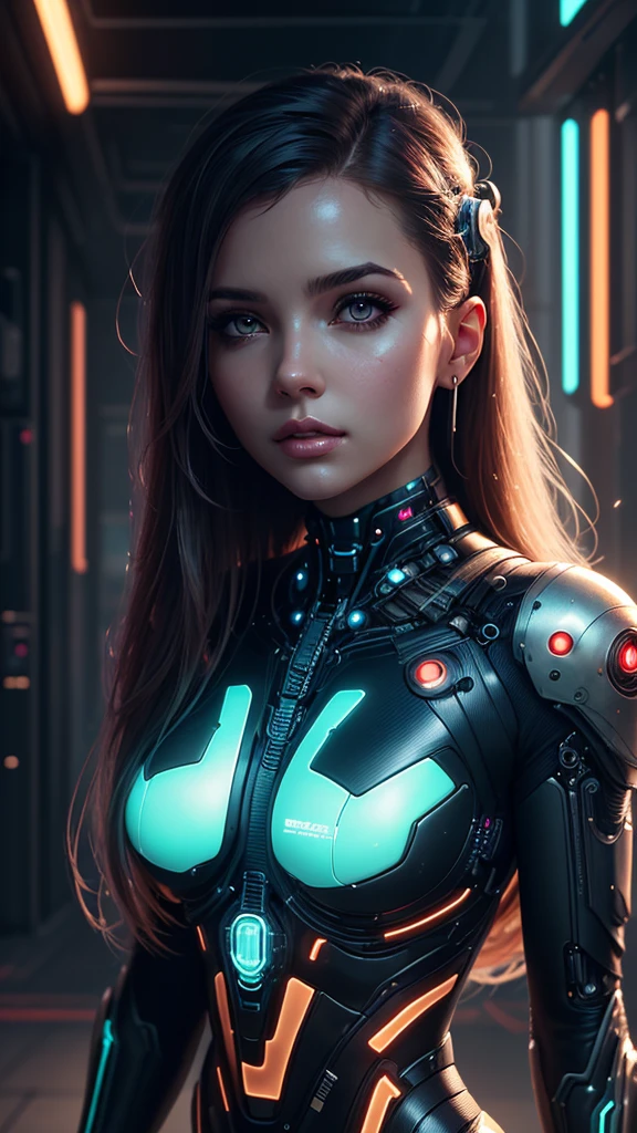 a woman with long hair and a futuristic outfit, portrait beautiful sci - fi girl, dreamy cyberpunk girl, beutiful girl cyborg, 4k highly detailed digital art, beautiful digital artwork, wlop. scifi, beautiful cyberpunk girl face, cyborg girl, cyborg - girl, 4k detailed digital art, cute cyborg girl, artgerm julie bell beeple