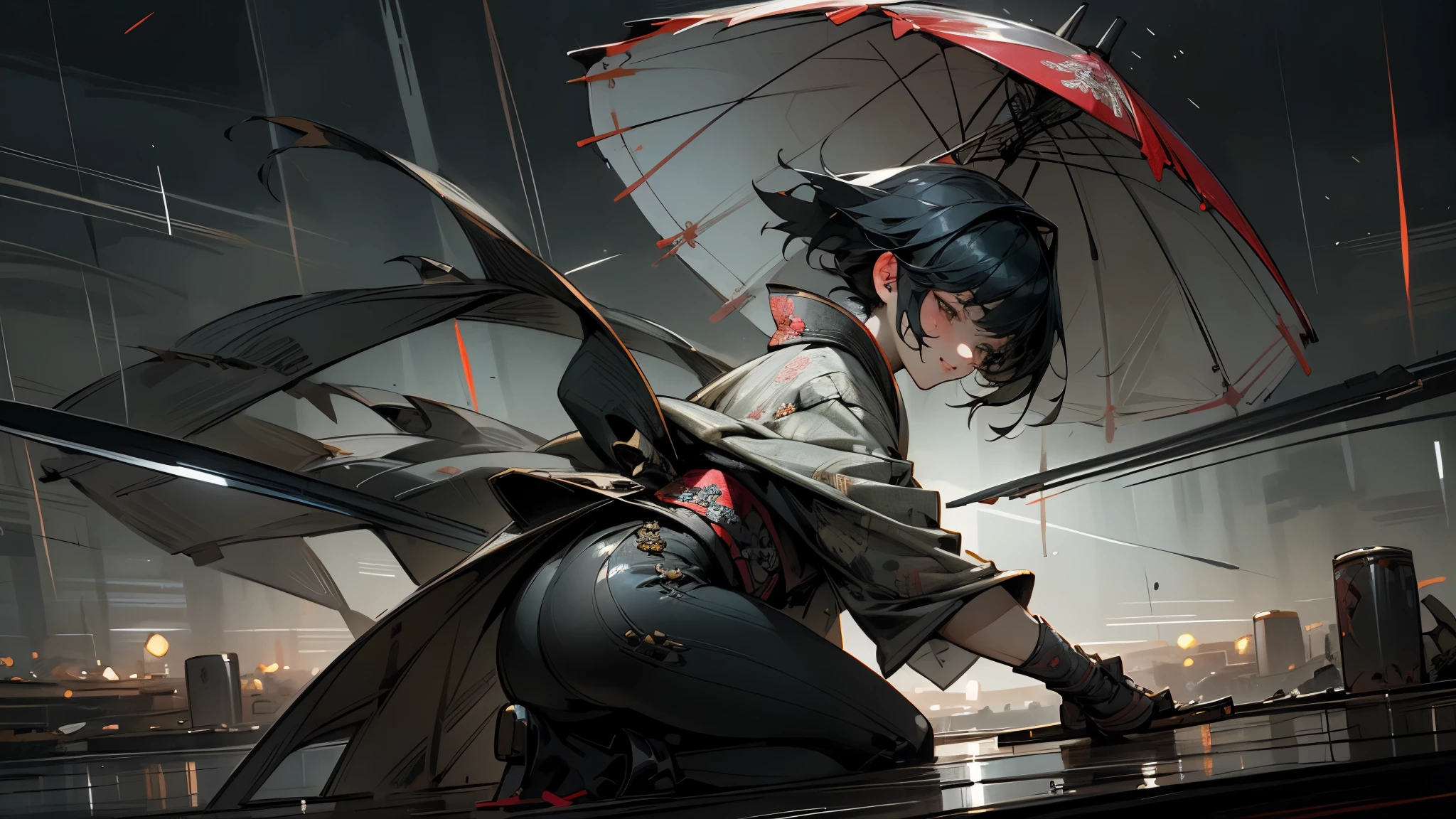 masterpiece,Highest quality,Ultra-fine illustrations,Very detailed,Beautiful background,Perfect Face,Perfect hands,Dynamic Angle,Ink painting style,ass pov,Dynamic Scene,kimono,knife,short hair,rain,battlefield,Beautiful background,Fearless Smile,Good slash