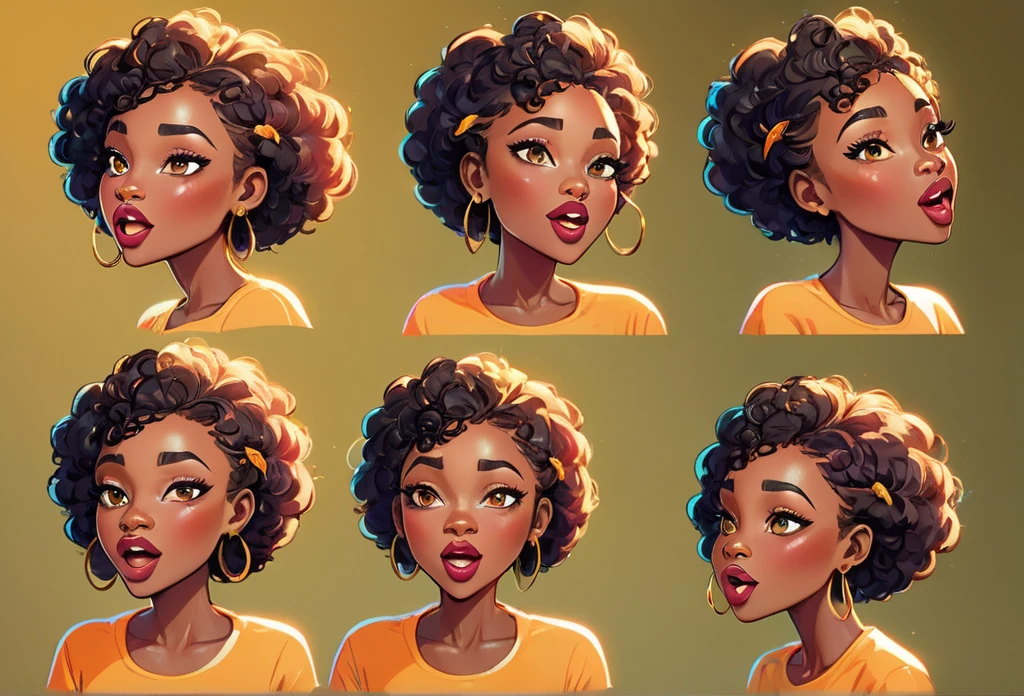 lip sync for character design, female, lip sync for talking and expressions, same character front, and side, many samples 
African (masterpiece best quality:1.2) delicate illustration ultra-detailed, illustrations, bright, colourful, 