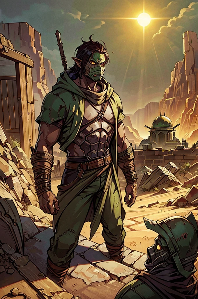 A waist-up shot of a green orc runner dressed in rugged, desert-tinted armor and a patched, hooded mantle. The orc’s face is hidden behind a heavy, reinforced mask designed to filter the harsh desert air. Their cloak is frayed and stained with dust, blending with the desolate, sun-baked landscape. The background shows the remnants of a crumbling wall, partially buried in sand, with ancient, rusted machinery in the distance.