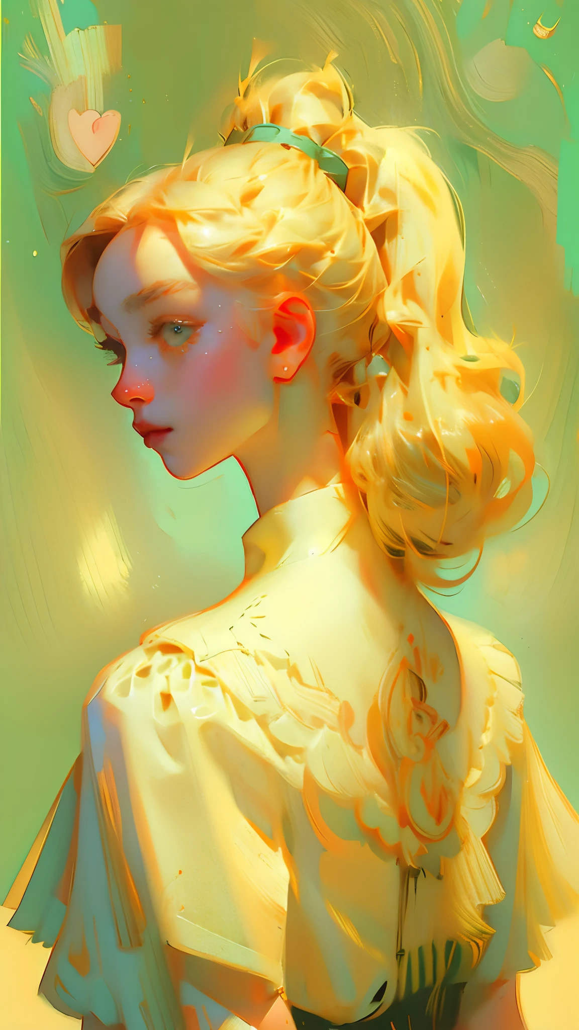 Anime artwork、Spectacular photos、Polaroid、Blonde woman、ponytail、Green background、canon_5D_mark_4、Exquisite detail、J.c. Art by Leyendecker