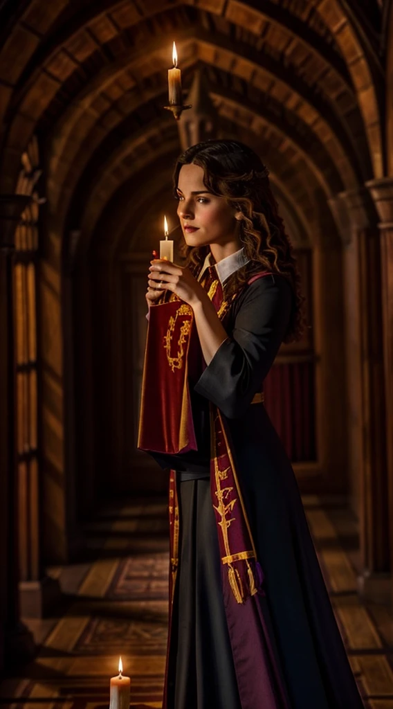 Gryffindor witch holding a grimoire in the halls of Hogwarts. realisitic, linda, beauty, mantea, shadowed, candle lights, noturmo, 