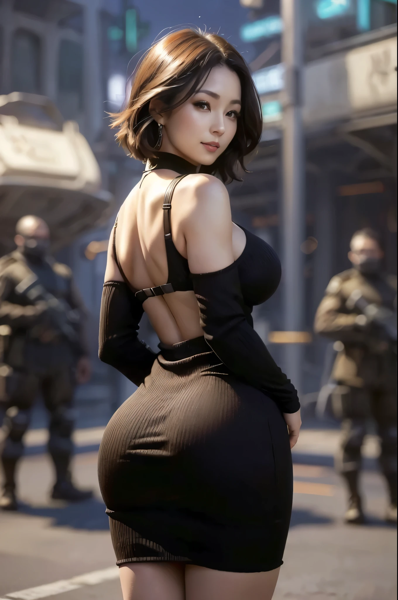(Browsing Caution), (RAW Photos), (Realistic), (Photorealistic), Ultra-high resolution, masterpiece, Highest quality, Portraiture, facial Portraiture, Perfect lighting, Detailed lighting, Dramatic Shadows, Ray Tracing, 1 Japan Beautiful lady, cute face, 40 years old, Sensual, Cleavage, Plump figure, Beautiful and delicate brown eyes, eye shadow, long eyelashes, Red lips, big breasts, big ass, big thick thighs, Short Hair, Black Hair, Mouth half open, gentle smile, ((Wearing a tight knit dress)), In cyberpunk street, ((background with soldiers)), ((night:1.5)), booty pose, looking back,