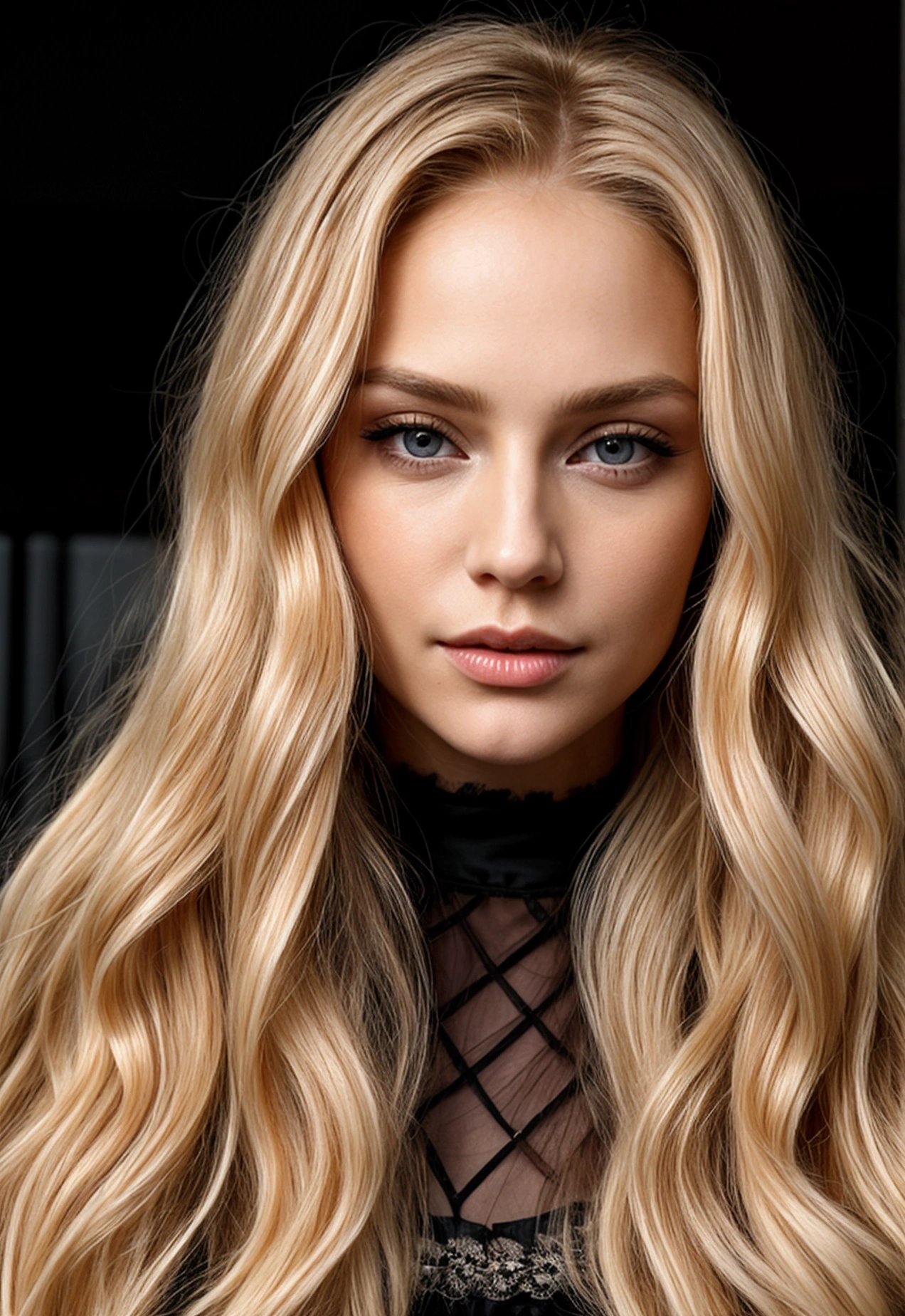 a close-up of a woman with long blonde hair wearing a black dress, she has long orange blonde hair, Attractive features, blonde wavy hair, orange fur