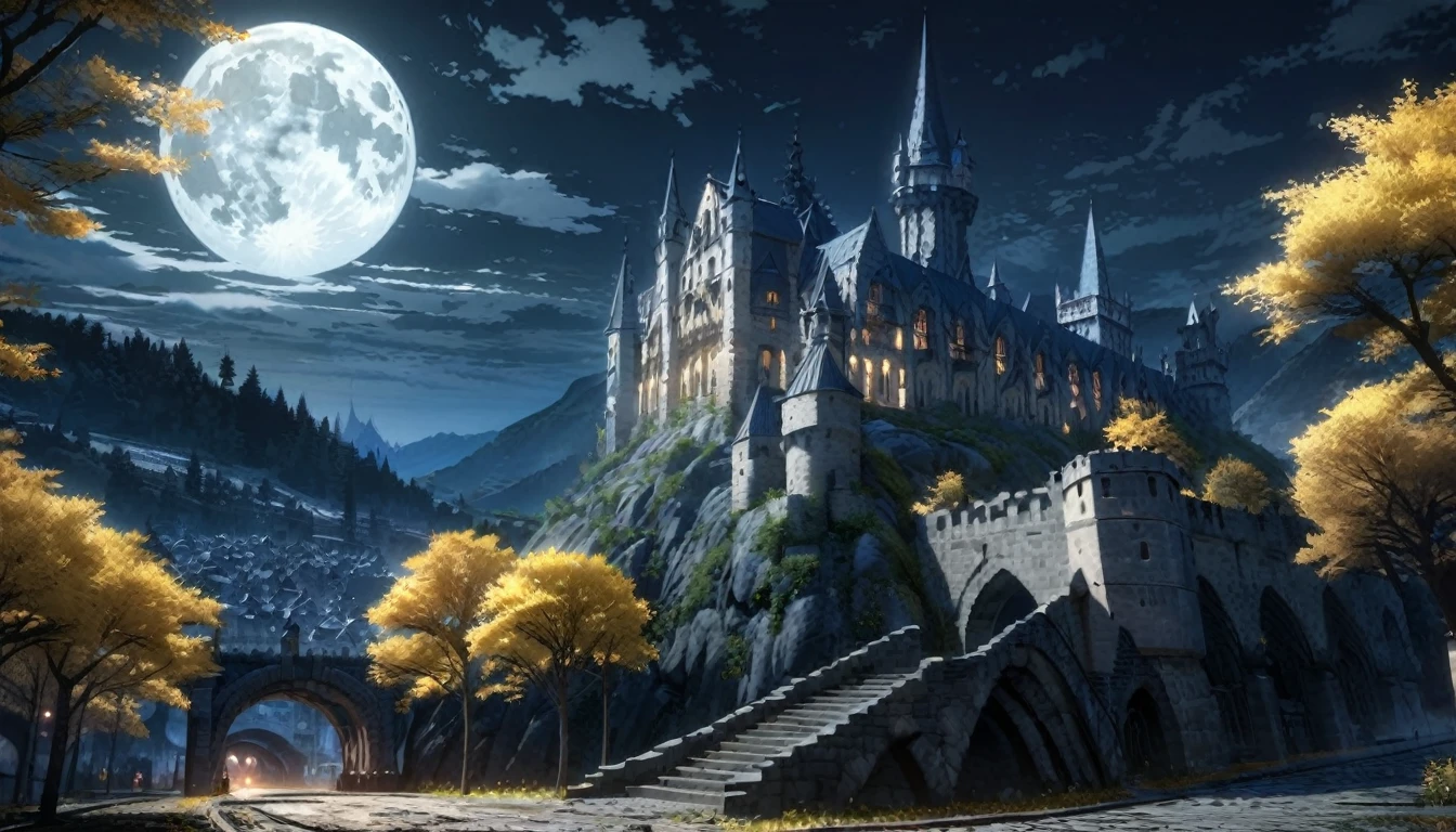  anime aestetics, anime scenery, gigantic blue moon over the castle, capital of ashes, stone roads, tall white stone buildings, beautiful architecture, elden ring capital, night, fullmoon, tall trees with silver leaves, elden ring scenery, gigantic structure, medieval capital, dark fantasy setting, dark night, grey yellow an blue colours, atmospheric perspective, perspective, wide shot, from side, 4K, 8k, highres, best quality, award winning, super detail, accurate, masterpiece, UHD