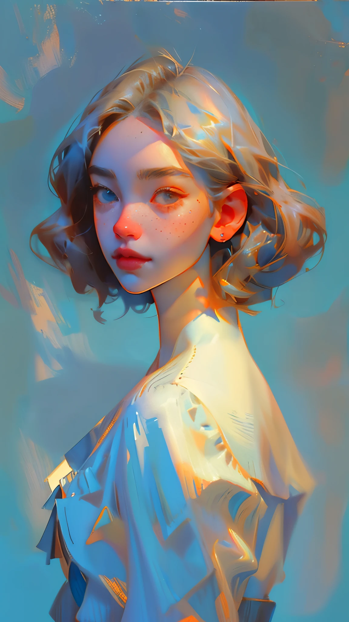 Anime artwork、Spectacular photos、Polaroid、Gray-haired woman、Freckles、Blue background、canon_5D_mark_4、Exquisite detail、J.c. Art by Leyendecker