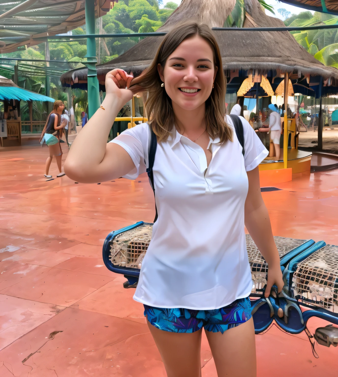 woman in white shirt and blue shorts standing in front of a carousel, having a great time, wearing dirty travelling clothes, jungles in the background, having a good time, vacation photo, in a jungle environment, wearing a camisole and shorts, having fun, not cropped, not blurry, holding maracas, covered!, flattering photo, with a happy expression