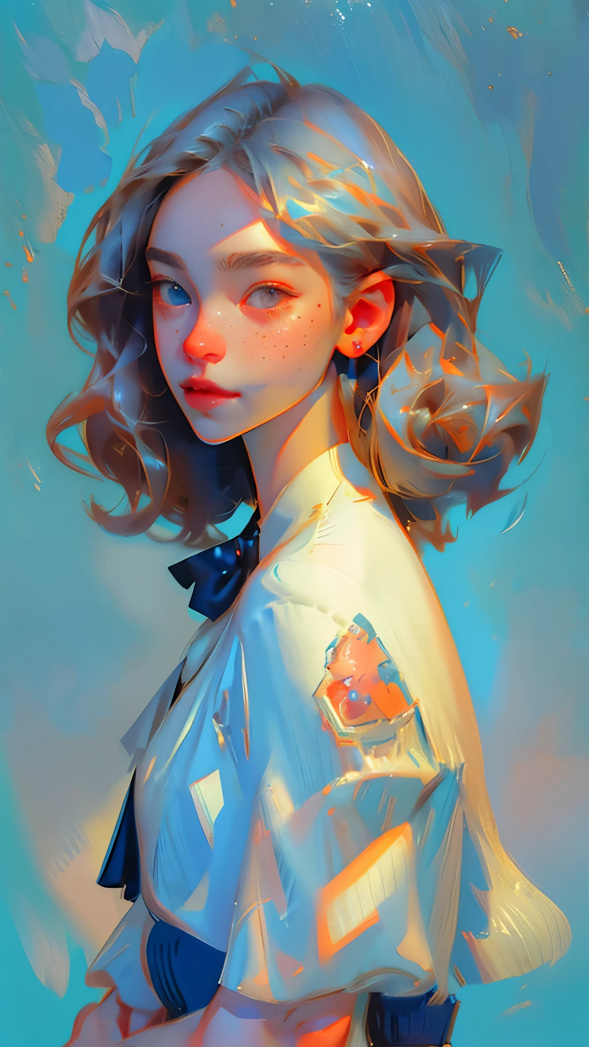 Anime artwork、Spectacular photos、Polaroid、Gray-haired woman、Freckles、Blue background、canon_5D_mark_4、Exquisite detail、J.c. Art by Leyendecker