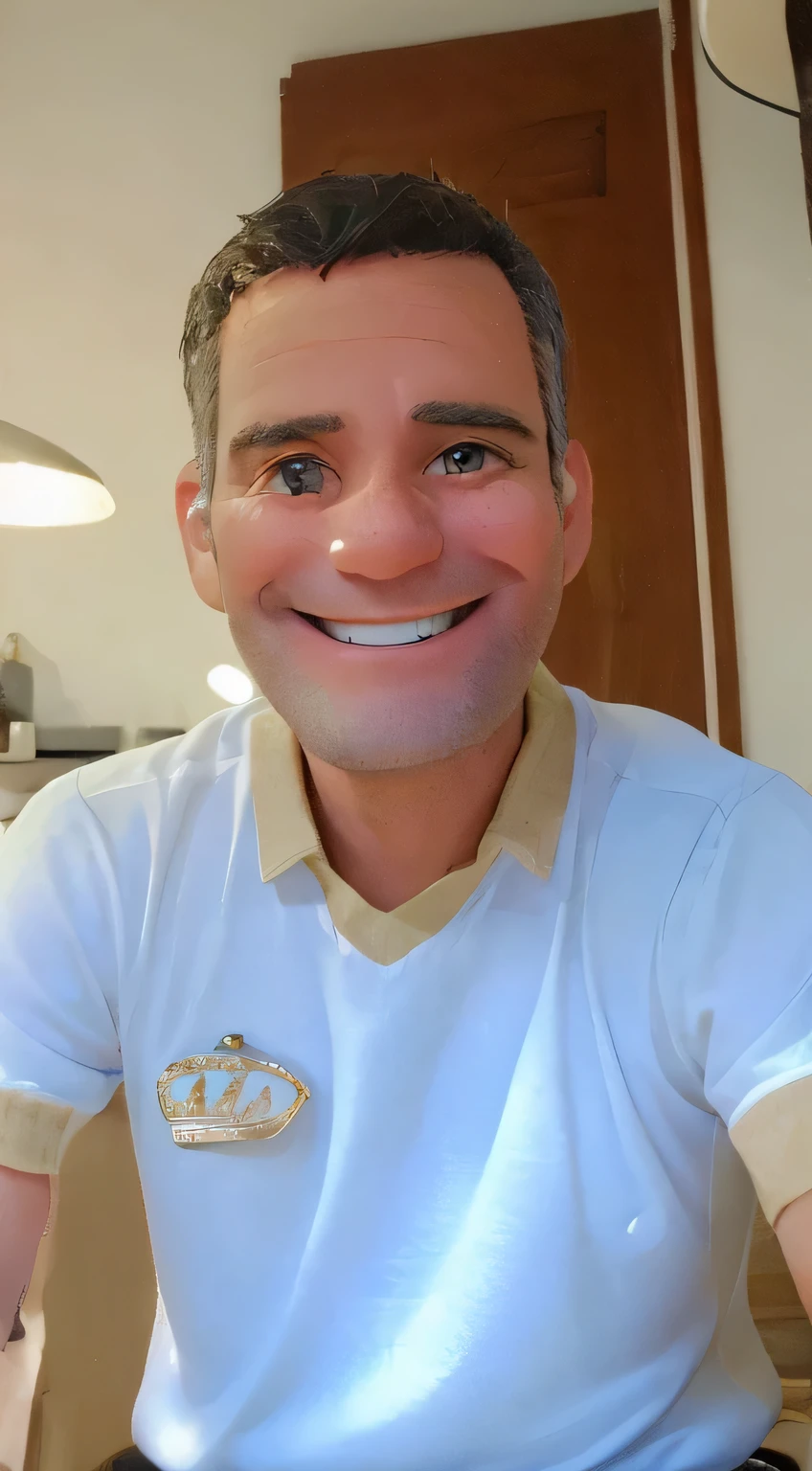smiling man in a white shirt sitting in front of a counter, 4 0 years old man, with a gorgeous smile, kind smile, he is smiling, charming smile, with a happy expression, he is! about 30 years, smiling happily at the camera, warm and gentle smile, 45 years old men, about 3 , smiling and looking directly