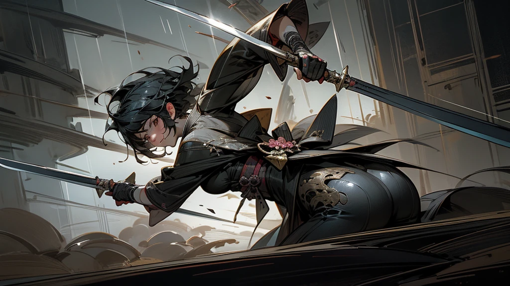 masterpiece,Highest quality,Ultra-fine illustrations,Very detailed,Beautiful background,Perfect Face,Perfect hands,Dynamic Angle,Ink painting style,ass pov,Dynamic Scene,kimono,knife,short hair,rain,battlefield,Beautiful background,Fearless Smile,Good slash


