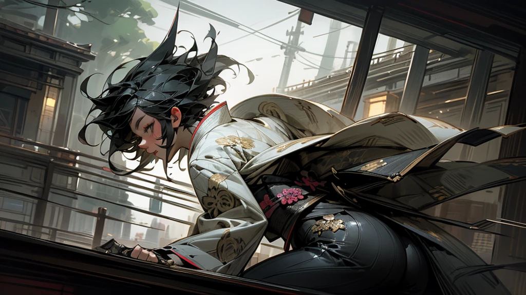masterpiece,Highest quality,Ultra-fine illustrations,Very detailed,Beautiful background,Perfect Face,Perfect hands,Dynamic Angle,Ink painting style,ass pov,Dynamic Scene,kimono,knife,short hair,rain,battlefield,Beautiful background,Fearless Smile,Good slash
