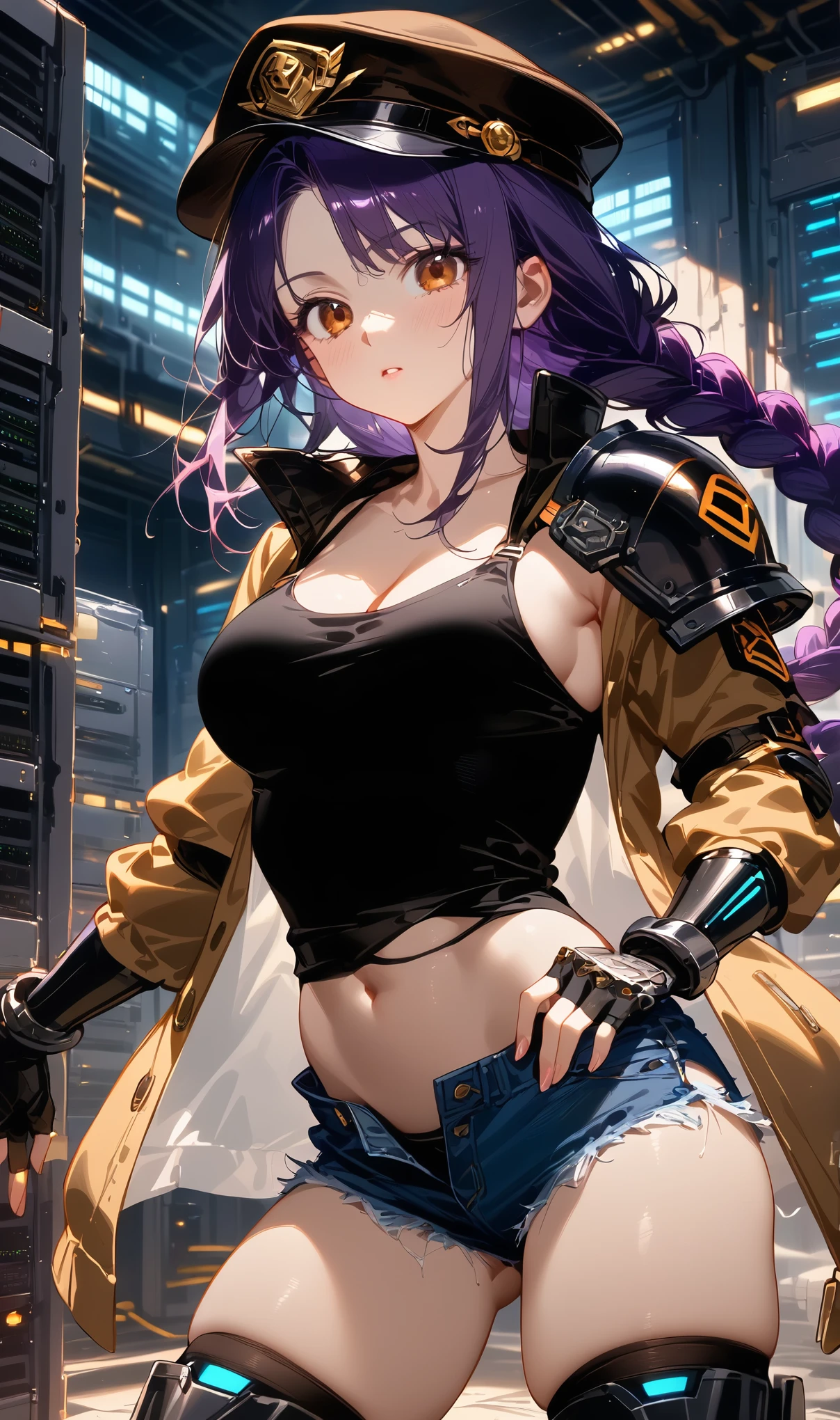 1girl,shadowrun, solo, ************, parted bangs, messy hair, black purple hair, (very long single braid:1.8), brown eyes, large breasts, stomach, slender, obliques, (black casquette hat:1.2), (shoulder armor:1.2), (khaki armored jacket:1.2), open jacket, (roll up sleeves), black tank top, upper cleavage, (loose tank top), fingerless gloves, (mechanical gloves:1.1), (denim micro shorts:1.2), (open fly shorts), exphosed groin, (thighhighs), mechanical legs, knee boots, skindentation, cyberpunk, tower dungeon, ruins, megastructure, (indoor:1.2), (large scale data server, server room:1.4) (masterpiece:1.2), (best quality:1.2), (very aesthetic:1.2), (absurdres:1.2), (detailed background:1.1), newest, ai-generated, anime screencap, realistic, photorealistic, intricate details, beautiful natural lighting, beautiful deatailed shadow, beautiful detailed glow, 1990s (style), score_9, score_8_up, score_7_up, ultra-detailed, Best-A, Medium-B, Low-C, Bad-D, rating_safe, enhancer