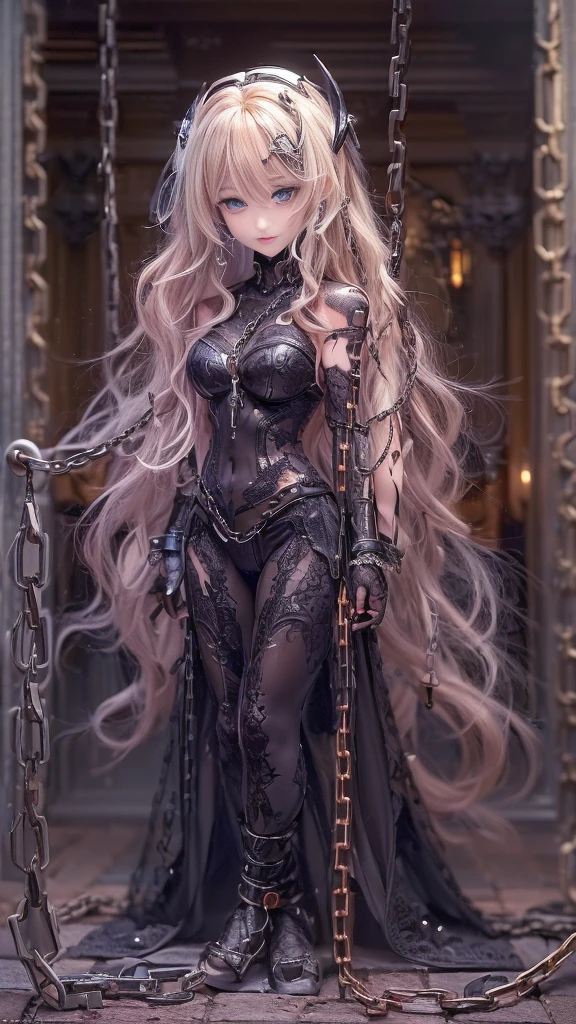 (32K:1.9, Dark fantasy:1.4, Highest quality, masterpiece, Ultra-high resolution), Perfect dynamic composition:1.3, Horror Portrait, chaos, Dark castle interior background:1.3, Prisoner, slave, Dark Demon World, Desire to dominate, Desire to monopolize, Satanic, (Detailed tattoos on the whole body:1.4, wearing exquisite jewelry:1.4), Very detailedな肌と顔の質感:1.3, Very accurate, Very detailed, (Sexy succubus demon with big wings:1.3, Incredibly slim body:1.3, beautifully、beautiful:1.3), Horn, Fair skin, Sensual posture, Bones piled on the ground, ((Properly dressing badly torn clothing:1.3)), Mid-chest, (Big eyes that exude eroticism:0.4, Feel the intense caress:1.0, Please open your mouth a little, lipstick, Feel the eroticism:0.9, Too sexy:0.9, charm的な:0.9), ((Bloody:1.5, Covered in scars:1.5, Necrosis:1.6, Lots of big chains:1.6, Countless chains tangled in clothes:1.6, Chain your right arm:1.5, Chain the left arm:1.5, The right leg is bound with a shackle and chain:1.5, The left leg is bound with a shackle and chain:1.5)), Super long blonde curly hair, Earrings, necklace, bracelet, romantic, mysterious, elegant, Object of admiration, original, dramatic, artistic, Innovative, charm, Heartful, Fancy, sense of exaltation, Feelings of despair, sense of openness, sense of cleanliness, special, exciting, grotesque, Extreme, Tilt, sense of loss, sorrow, sorrowの表現, ((悪魔のcharm, 女性的なcharm))