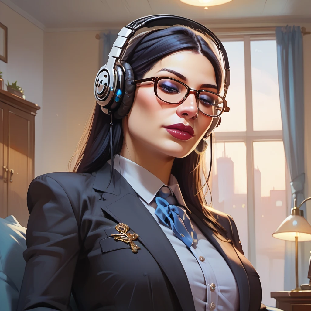 score_9, score_8_up, score_7_up, 1girl, professional headshot of a female lounging at home wearing name brand headphones and glasses, The image is inspired by the artistic style of Ion Andreescu and incorporates elements  of Masashi Kishimoto, DeviantArt, Mia Khalifa, Amouranth, and Angiewolf. 