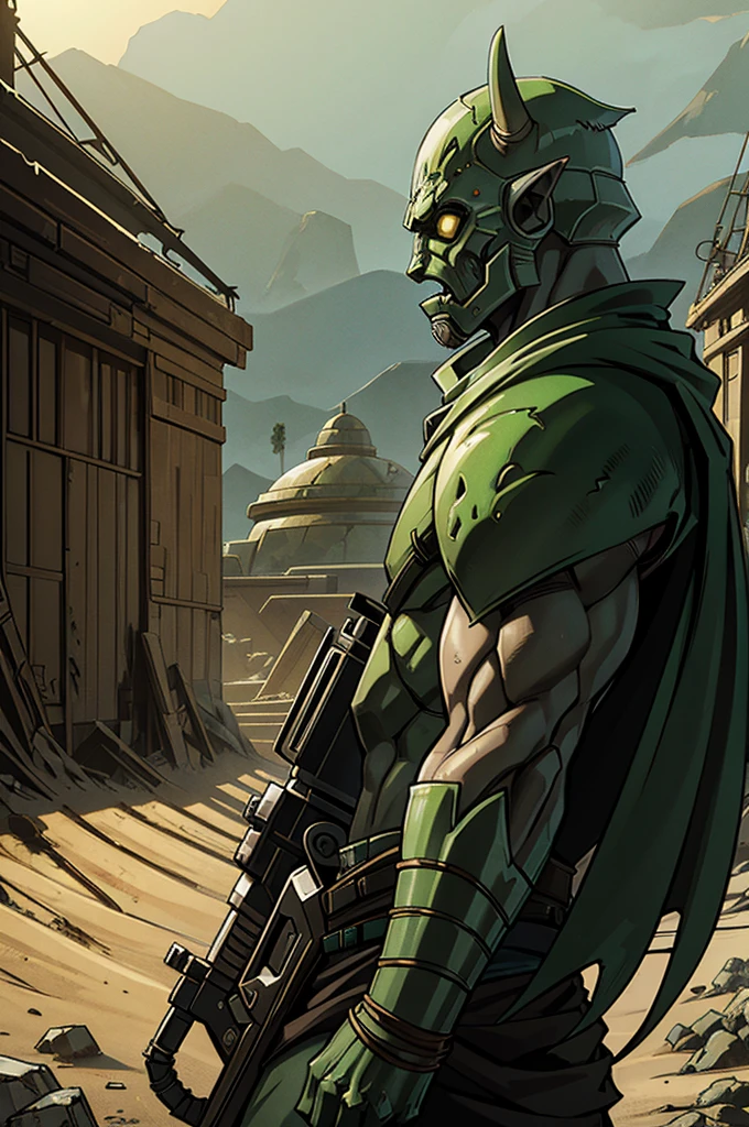 A profile view of a green orc runner, with a deep green skin tone contrasting against their desert-worn gear. The orc is wearing a hooded desert cloak, with armor plates strapped over their chest and shoulders. A bulky, tech-enhanced mask obscures their face, glowing faintly in the dim light. The backdrop reveals a landscape of twisted metal beams and collapsed buildings, half-swallowed by shifting sands.