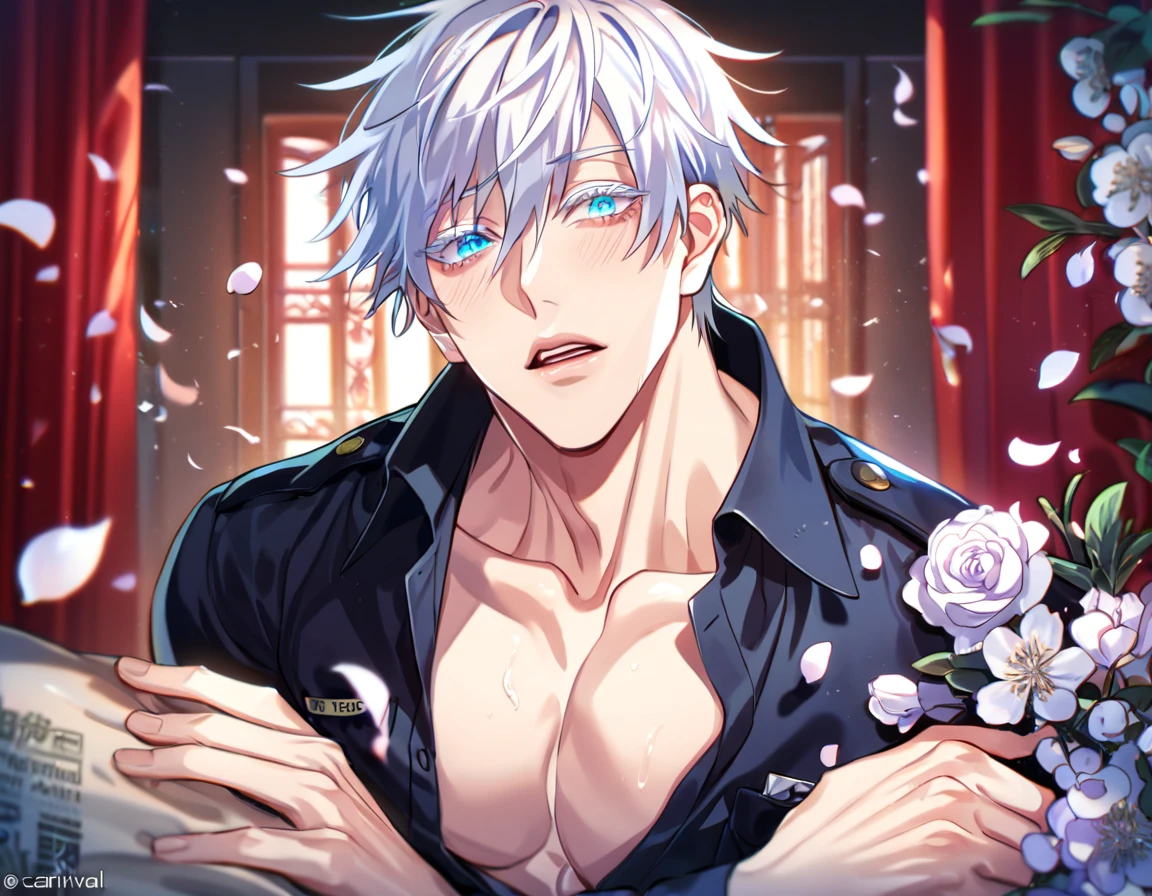 absurdres, highres, ultra detailed, HDR, master piece, best quality, Gojou Satoru, white hair, expressive blue eyes, white eyelashes, Jujutsu Kaisen, solo, sexy man, handsome, horny, lewd, black police officer clothes, unbuttoned shirt, black hat, fantasy, police station, window, petals, flowers, room, red curtains, Nu Carnival