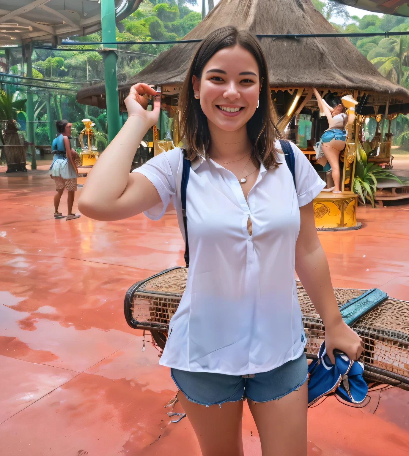 woman in white shirt and blue shorts standing in front of a carousel, having a great time, wearing dirty travelling clothes, jungles in the background, having a good time, vacation photo, in a jungle environment, wearing a camisole and shorts, having fun, not cropped, not blurry, holding maracas, covered!, flattering photo, with a happy expression