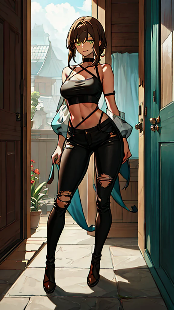 masterpiece, best quality, highres, ((Slim thicc waifu:1.3)), medium breasts, tan girl, green eyes, dark brown wavy hair, (black choker), (white torn croptop), jewelry, (dark ripped skinny blue jeans), (loosely tied leather brown combat boots), she side leaning on a door seal with a hall way behind her. With a cute smirk on her pretty face.
