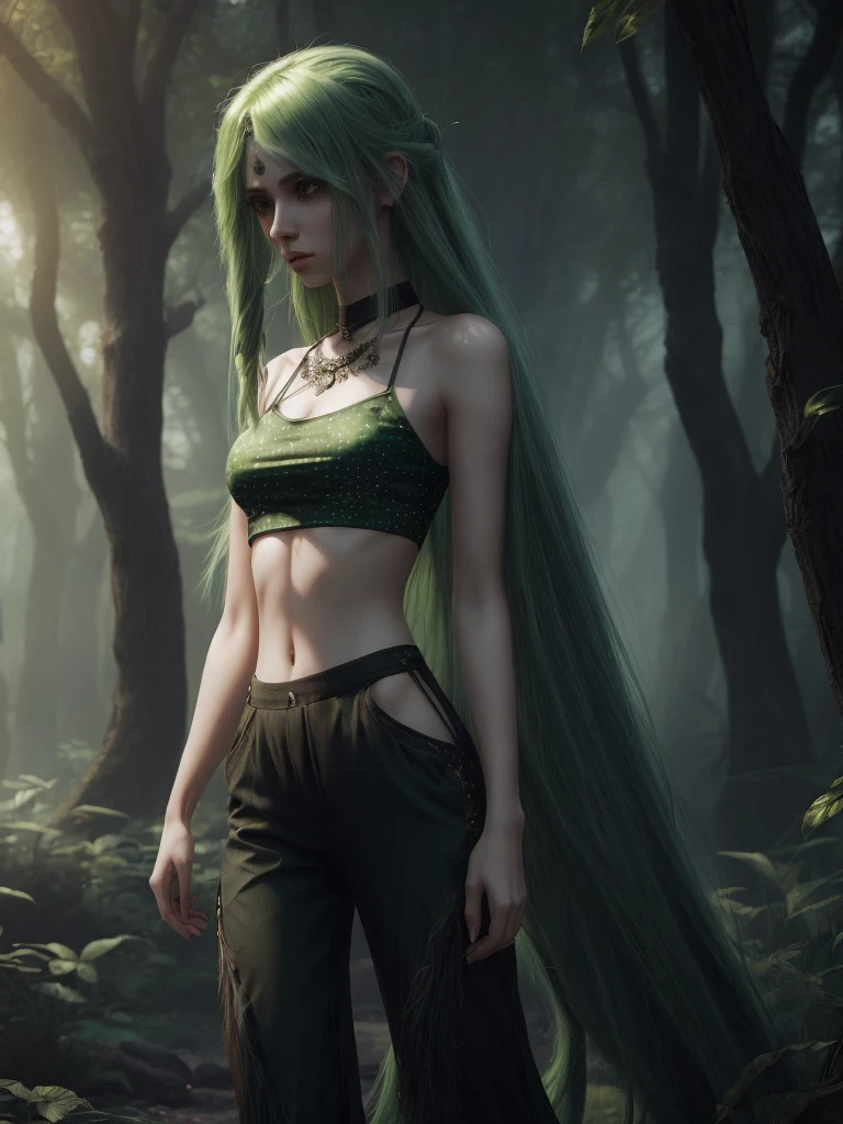 (A beautiful slim girl, long messy green hair), (black spots crop top, pants), (fantasy style), (highly detailed, 8K, cinematic lighting), (elegant, serene, dreamy), outdoors