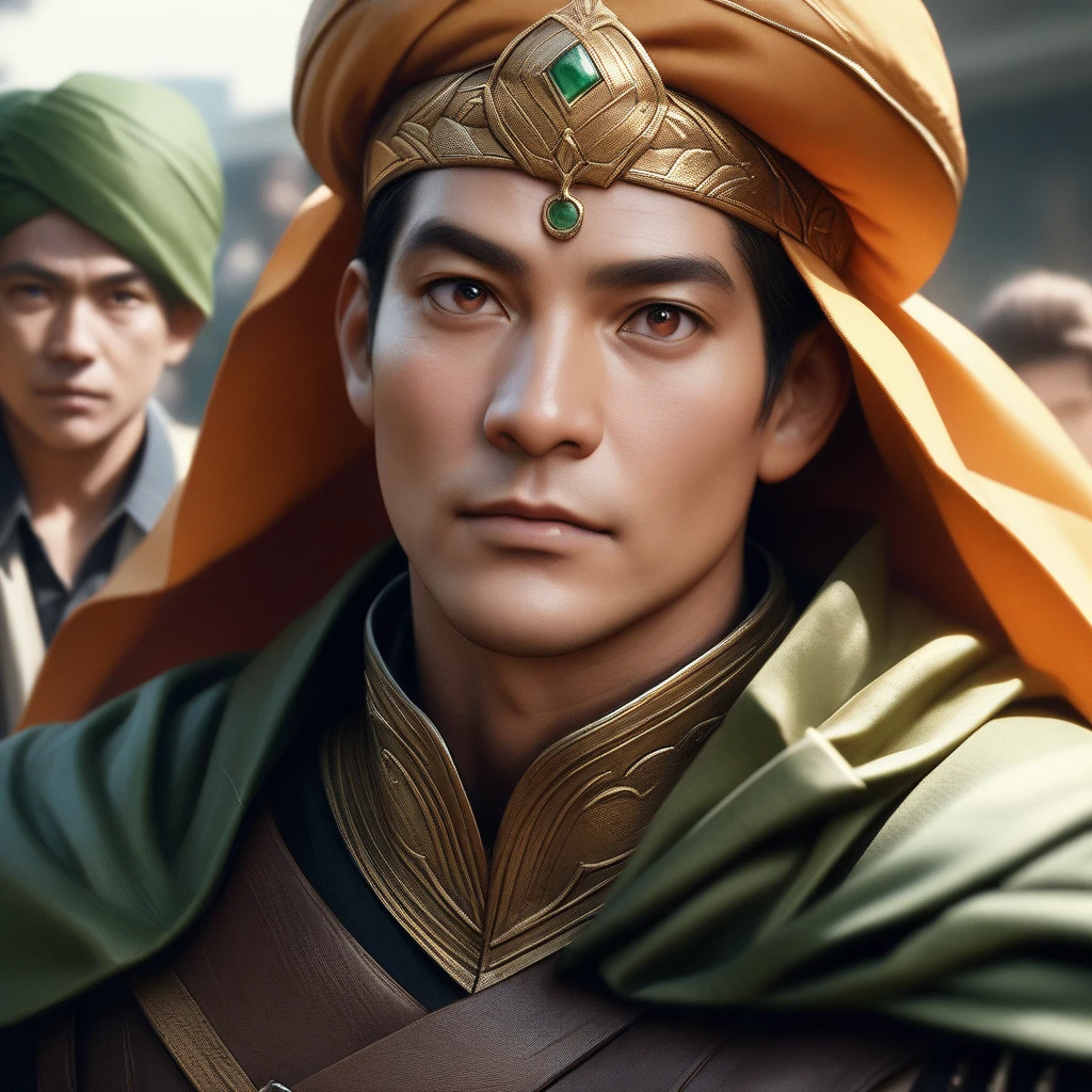 a handsome male anime character with orange hair no beard and a sword and a cape wearing a green turban on his head, close-up!!!!!, full body close-up shot, high quality, [:intricate details:1.0], realistic:1.3, ultra realistic, real life, live action, photo realistic, 4K, high resolution, photo-realistic:1.3, brown eyes, realistic clothes
