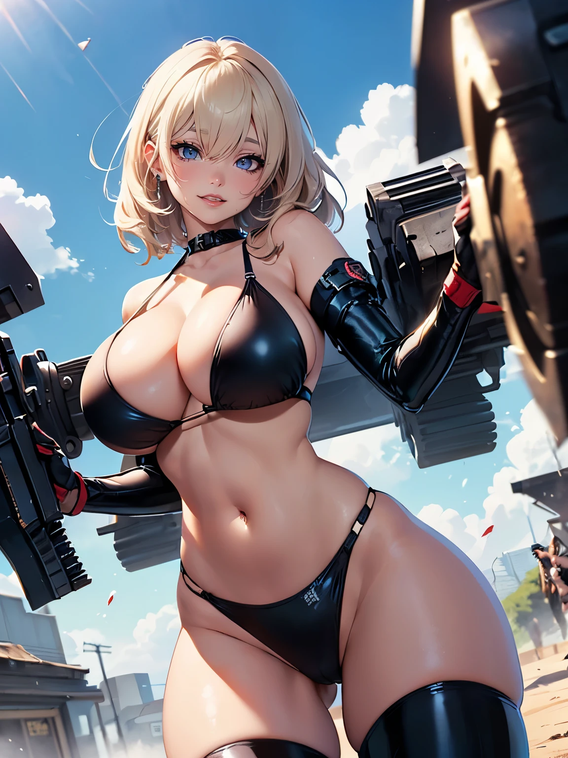 ((1 lady))、masterpiece, ultra-detailliert, 8k, hiquality, Top image quality, digitial illustration, Seductive Anime Girl, ((Combative posing:1.5))、((dynamism:1.2))、 ((Machinery weapons:1.4, heavy weapons:1.2, armament:1.3)), ((Hover effect:1.2)), ((from below:1.2))、Glossy realistic skin texture, shiny skin、Meticulously drawn hair, Detailed eye depiction, appearance Splash paint background in colors, Center, ((latex micro bikini:1.3 crop top:1.3))、((cleavage:1.3))、((crop top navel))、((highleg:1.3))、((huge breasts:1.3))、((huge hip:1.3))、((thick thighs))、curvy、((collarbone))、((cameltoe))、seductive smile、Sharp Focus, draw the full body, Precise human body structure、Smooth texture