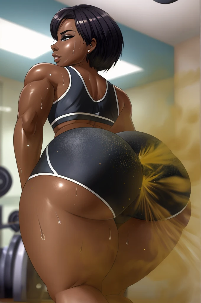 depth of field, perfect lighting, light particles, female, human, human face, (dark skin, sexy, bimbo, very attractive) solo, indoors, (butt facing viewer), ((gym shorts, thigh highs)), (((farting))), macro,