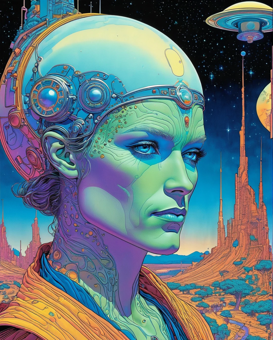 **Moebius (Jean Giraud) Style - A captivating portrait by Jean Giraud Moebius, ((masterpiece)), ((best quality)), (highest quality masterpiece), (masterpiece),
(masterpiece, best quality), in a futuristic theme. A detailed representation of a cybernetic being with holographic tattoos, digital art, featuring holographic effects,
a meticulously detailed face, and a cosmic nebula in the background. Sleek, modern, ultramodern, high-tech design with luminescent makeup. PsyAI, Psychedelic,
Visionary art, DMT, and LSD style by Moebius.**