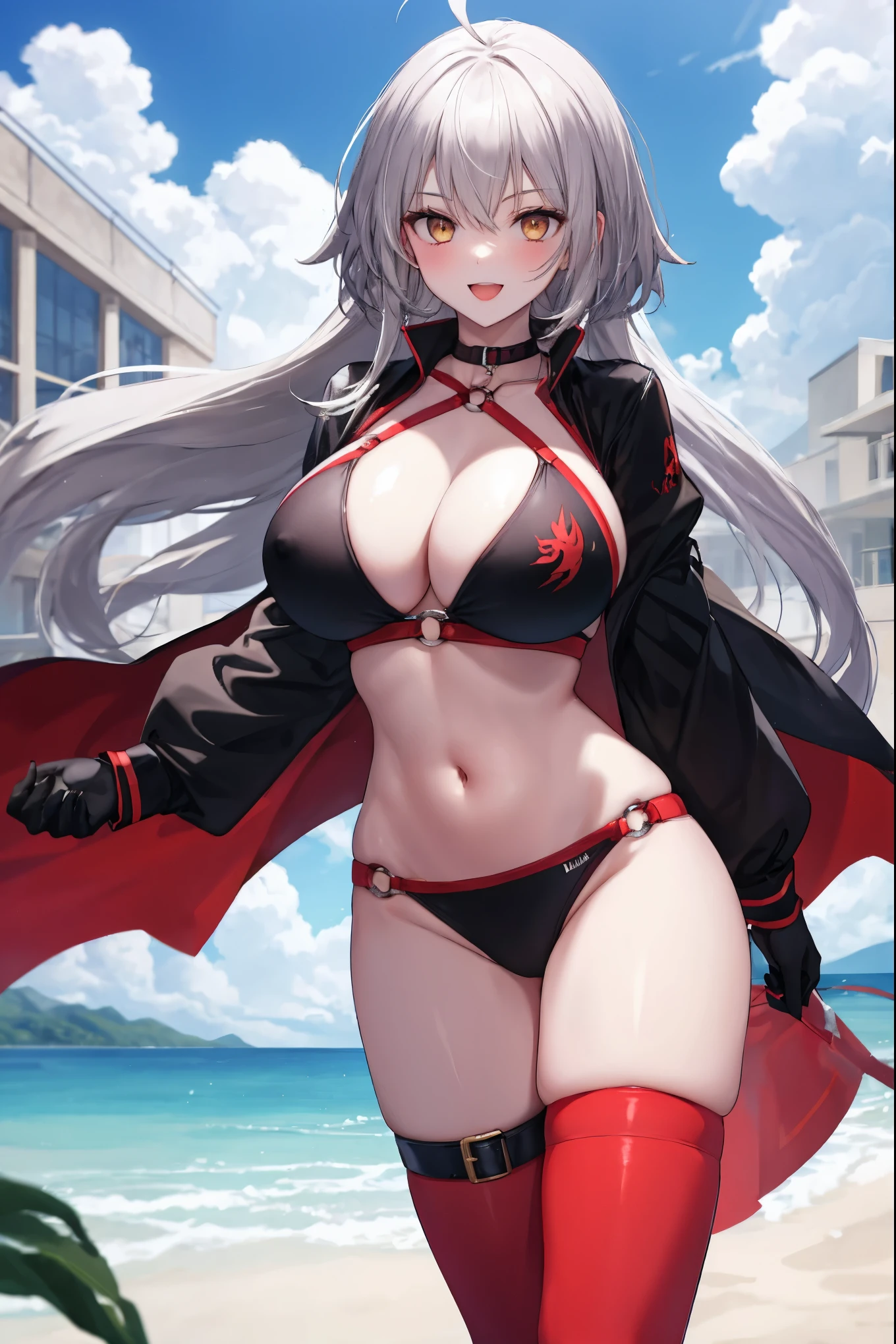 masterpiece, best quality, 1girl, , silver hair, ahoge, gold eyes, shaggy_long_hair,, gigantic_breasts, , blue sky_beach_landscape,covered_groin,covered_nipples,solo,young_,,open_legs,,crotch_armor,cowboy_shot,crotch, asymmetrical legwear, long hair, bikini, black bikini, black gloves, gloves, long sleeves, navel, o-ring, o-ring bikini, o-ring bottom, o-ring top, puffy long sleeves, puffy sleeves, red legwear, single thighhigh, swimsuit, thigh strap, thighhighs, uneven legwear,smile,nihil,open_mouth,angry,glare,dynamic_standing,