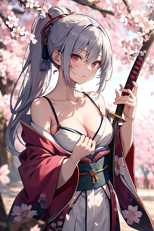 Very detailedな CG Unity 8K UHD 品質解像度の壁紙, Award-winning portrait, Official Art, A perfect masterpiece, highest quality, Highest Resolution, The most beautiful demon goddess,  Very elaborate Harajuku style open hooded kimono,  Black angel wings, Bold colors and patterns, Trendy and innovative platinum white mohawk hairstyle, Bright makeup, Super huge huge , Showing cleavage, Big breasts spilling out of the kimono,  A stunning feudal Japanese garden, meticulously recreated to resemble feudal Japan.., Cherry blossoms blown by the wind, Vibrant color scheme, Insane Details, Beautiful and dense face, blush, Sexy and seductive lascivious expression, Looking at the audience,  Lewd, sassy, seductive, sexy, dynamic poses, Intricate details, Very detailed.