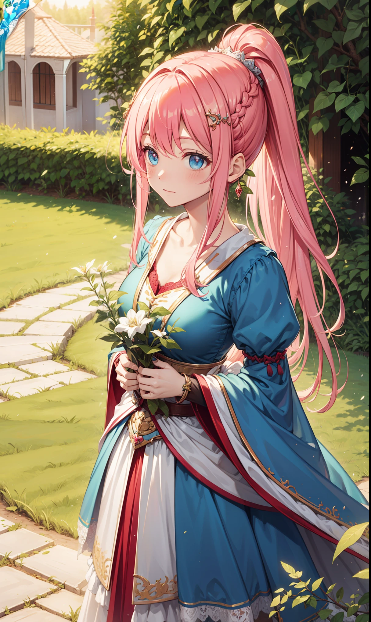 [[[Extremely detailed, best quality, soft skin, beautiful, 4K]]]portrait, Pink Hair, Straight Hair, Lace Braid Ponytail, Medium Length Hair, Sapphire eyes, Slim, Garden Background, daytime, Medieval Princess Light Dress, Round Hairpin, giggle, stand up