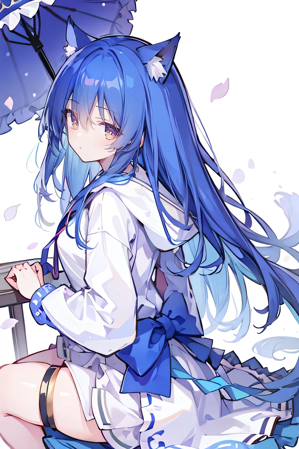 (masterpiece:1.2),Super detailed,lifelike,Expressive eyes,fair skin,perfect face shape,1 girl,
Japanese comics,Gorgeous blue hair,flowing blue hair,flowing clothes,Cat ears,Petals fall,beautiful lola,Baby Angel,
Shaking head with one hand,Cross your legs,Gentle and peaceful background,The pavilion is cool and comfortable,smile, wearing hoodie, background of tokyo,back views,snowing, winter.