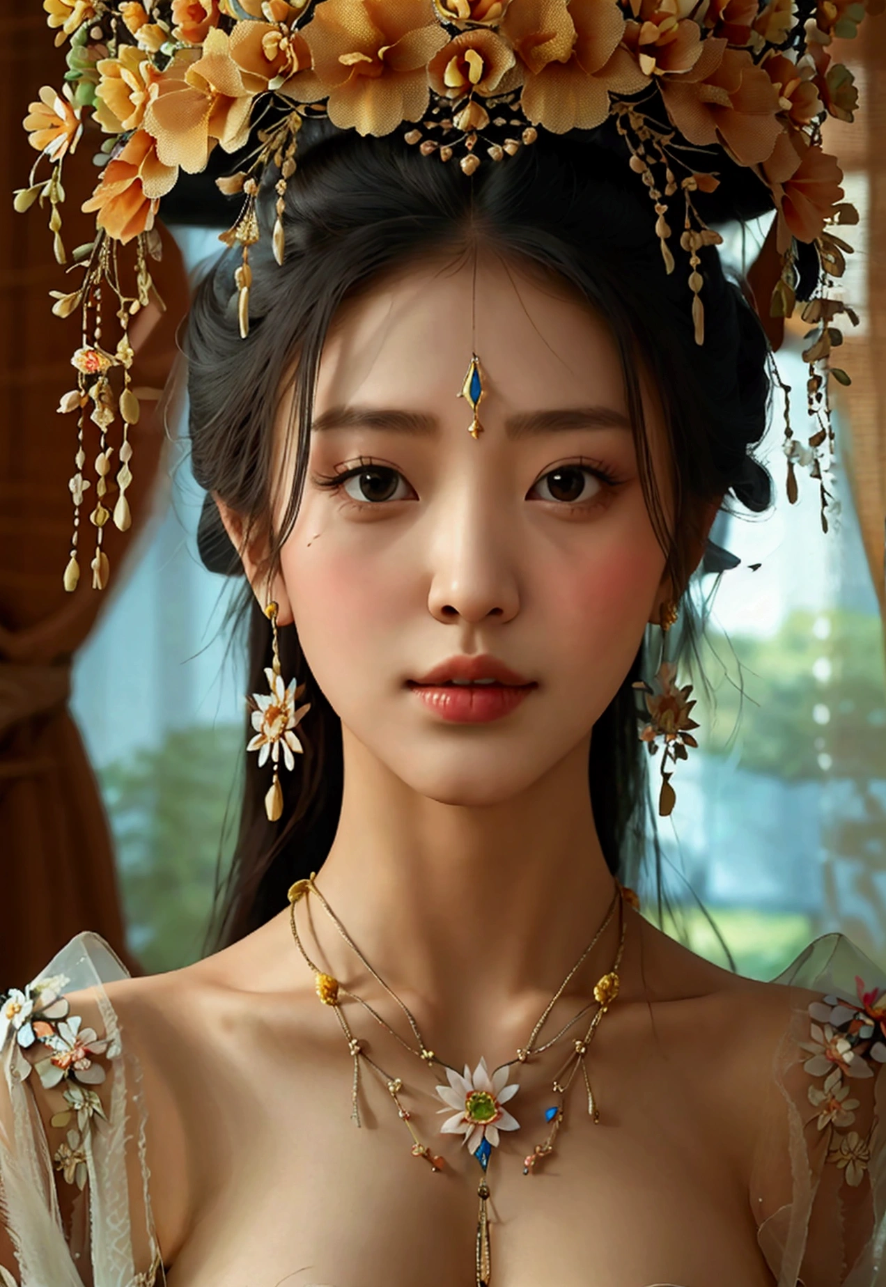 Highest quality, Masterpiece, high resolutionเป็นพิเศษ, (realistic: 1.4) 1 girl, beautiful_face, Fine skin, full body, decorations, alone, palace, queen, earring, (Tuesday: 1.3), Blurry, realistic, lips, สไตล์Dunhuang, (tangled: 1.2), (flower: 1.4), big breasts, The navel is exposed, , ahe-face, painful expression, enjoy, big, armpit, M shaped legs, open legs, camel toe, Barefoot, Barefoot, Barefoot, Highest quality, Masterpiece, Highly detailed, high resolution, 8ก, complicated details, realistic, realistic, incredible light, Partially hidden 1 girl, Dunhuang_clothes, Dunhuang_set, clothes, (see through: 1.3), Through a thin curtain, glance at chest, Create an attractive and suggestive effect., Lets you see her skin and breast shape.