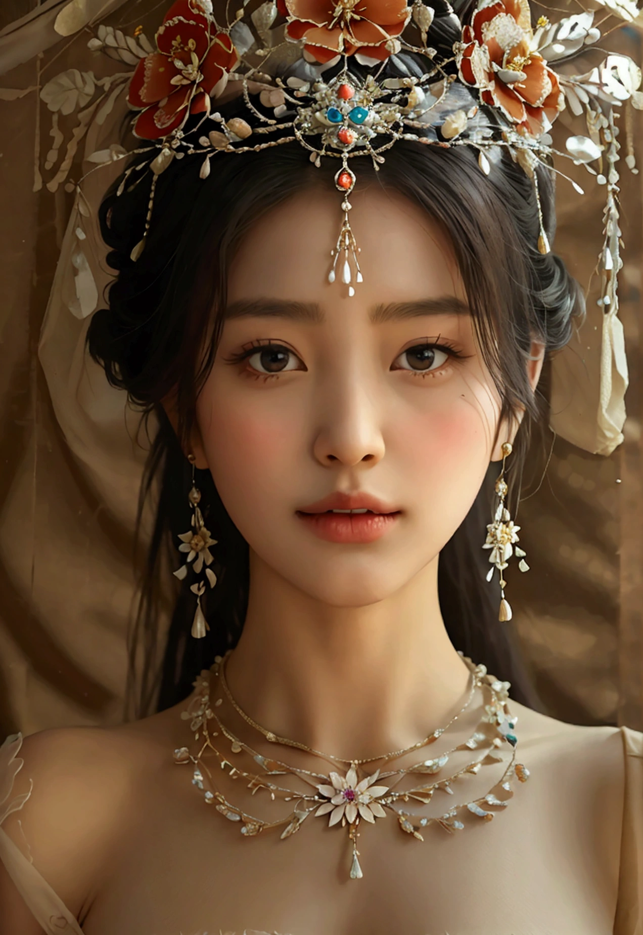 Highest quality, Masterpiece, high resolutionเป็นพิเศษ, (realistic: 1.4) 1 girl, beautiful_face, Fine skin, full body, decorations, alone, palace, queen, earring, (Tuesday: 1.3), Blurry, realistic, lips, สไตล์Dunhuang, (tangled: 1.2), (flower: 1.4), , The navel is exposed, , ahe-face, painful expression, enjoy, big, armpit, M shaped legs, open legs, camel toe, Barefoot, Barefoot, Highest quality, Masterpiece, Highly detailed, high resolution, 8ก, complicated details, realistic, realistic, incredible light, Partially hidden 1 girl, Dunhuang_clothes, Dunhuang_set, clothes, (see through: 1.3), Through a thin curtain, glance at chest, Create an attractive and suggestive effect., Lets you see her skin and breast shape.