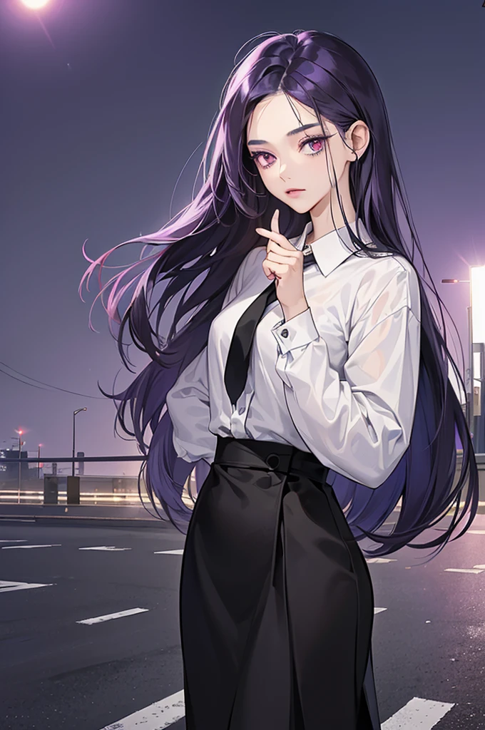), A girl,Beautiful and glowing skin,((Deep purple hair (Red Eyes:1.4)(,black:1.2,),(at night:1.1),一件black风衣,White shirt and black tie,black长裤子,Waist-length hair,Purple Hair,Ultra-thin face,permanent,Standing on the roadside,Eyes looking in one direction