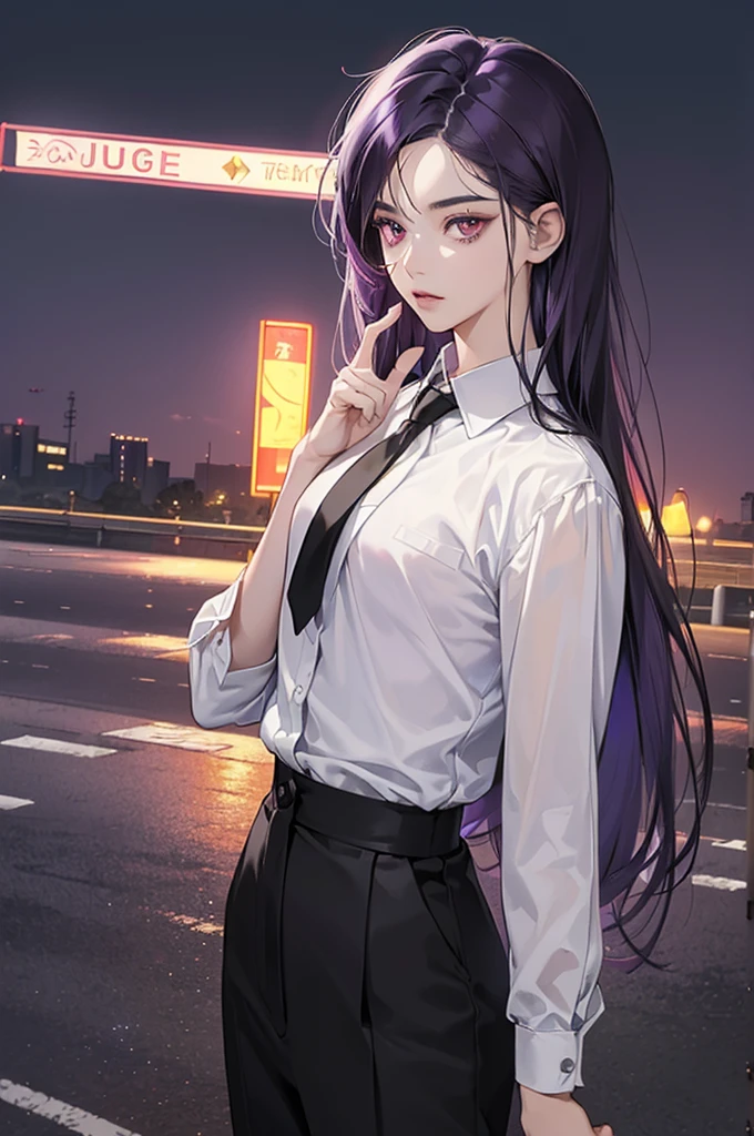 ), A girl,Beautiful and glowing skin,((Deep purple hair (Red Eyes:1.4)(,black:1.2,),(at night:1.1),一件black风衣,White shirt and black tie,black长裤子,Waist-length hair,Purple Hair,Ultra-thin face,permanent,Standing on the roadside,Eyes looking in one direction