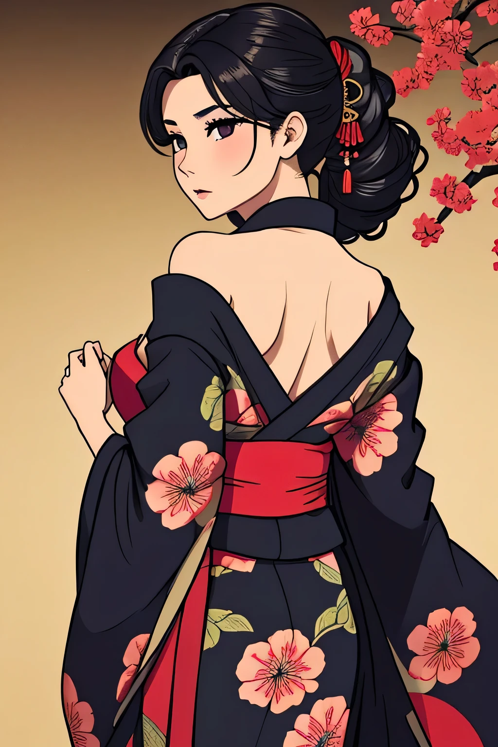 Sexy back, Attractive woman in traditional Japanese kimono, alone, Strapless off-shoulder kimono, Dark brownish black hair, Detailed and realistic skin texture, High contrast attractive skin tones, Captivating soft make-up, BREAK Luxury Japanese Kimono, Detailed silk texture, Silk luster, Fine and supple, Vibrant colors, Skin tension that accentuates cleavage, BREAK Gorgeous patterns on kimonos, Detailed and intricate coloring, Aesthetic high contrast, Healthy Skin, BREAK A bold composition that seduces the viewer, Absurd aesthetics, BREAK Full Body Shot,