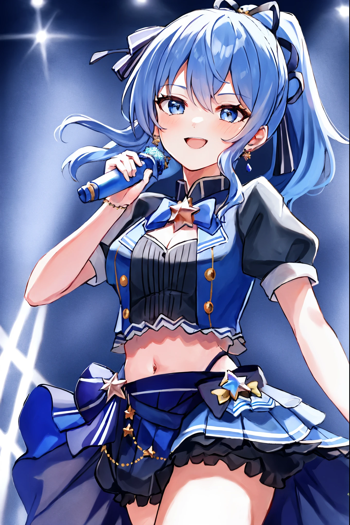 masterpiece, best quality, absurdres, 1girl, solo, Hoshimachi Suisei, light blue hair, blue eyes, happy, smile, parted lips, cowboy shot, sidelocks, ponytail, toned,
idol, idol clothes, hololive idol uniform, bowtie, blue skirt, brooch, dress, concert, on stage, frilled skirt, jewelry, layered dress, short sleeves, tiara, midriff, thighhighs(,shout:1.5),.(open_mouth:1.3),singing,(angry:0.6), (glare:0.6), idle_live,audience_landscape,light up_girl,solo,shiny_effects,smile。joy,happy,(slanted_eyes:1.3)