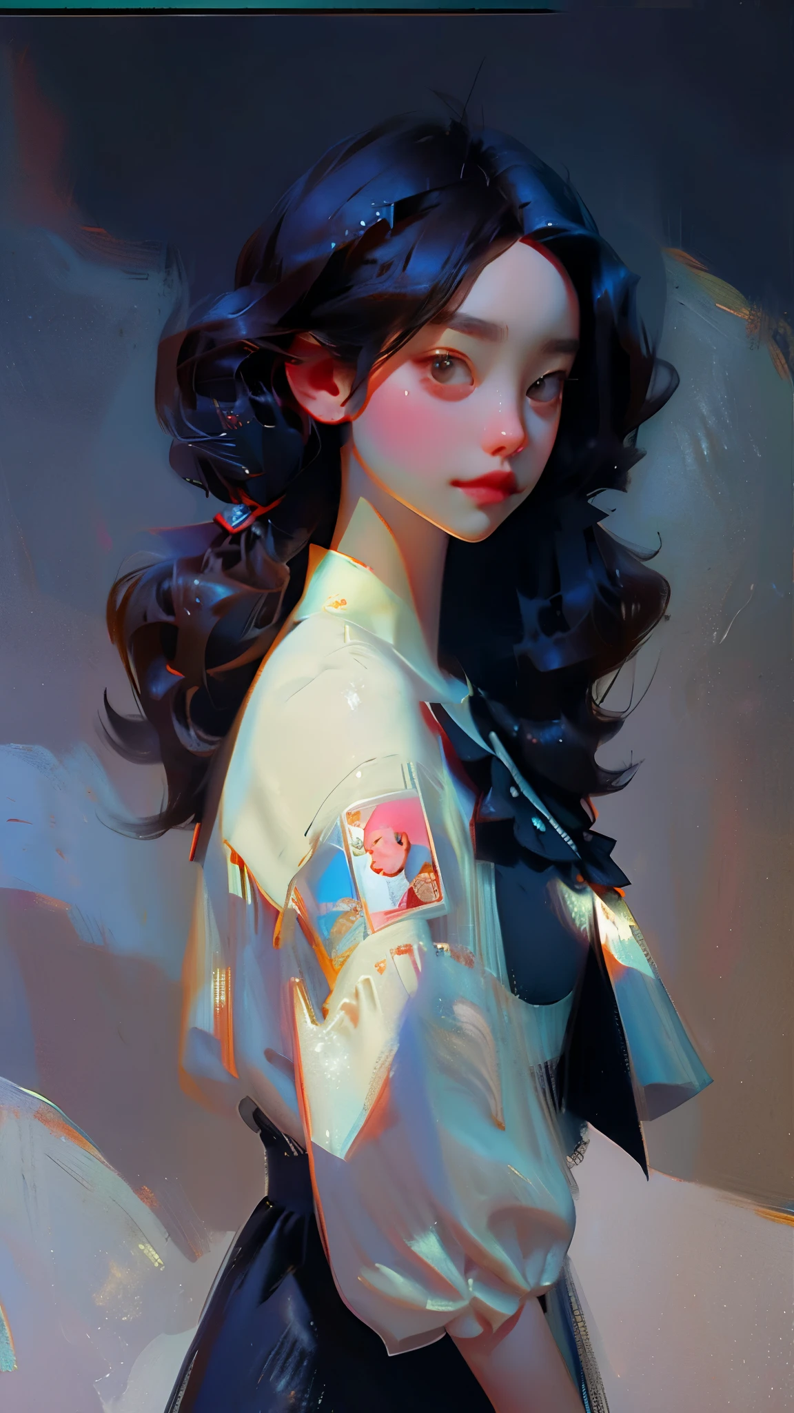 Anime artwork、Spectacular photos、Polaroid、Black-haired woman、Pigtails、Silver Background、canon_5D_mark_4、Exquisite detail、J.c. Art by Leyendecker