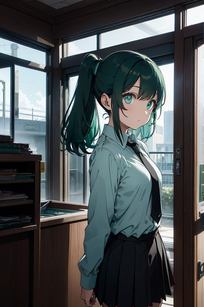 short dark brown hair, and dark-eyed, with an Evolar uniform of skirt and tie and long-sleeved shirt, talking to a woman with aqua green hair and aqua green eyes wearing a and comes out wearing a tie and long-sleeved shirt, in a futuristic school setting