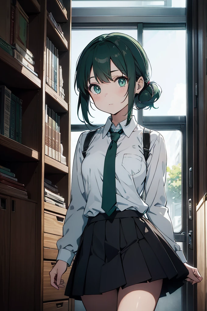  short dark brown hair, and dark-eyed, with an Evolar uniform of skirt and tie and long-sleeved shirt, talking to a woman with aqua green hair and aqua green eyes wearing a  and comes out wearing a tie and long-sleeved shirt, in a futuristic school setting