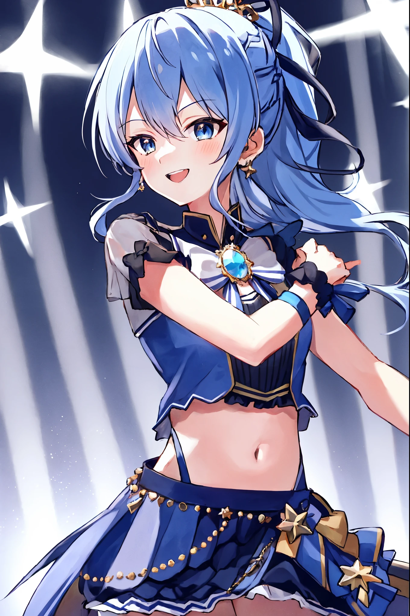 masterpiece, best quality, absurdres, 1girl, solo, Hoshimachi Suisei, light blue hair, blue eyes, happy, smile, parted lips, cowboy shot, sidelocks, ponytail, toned,
idol, idol clothes, hololive idol uniform, bowtie, blue skirt, brooch, dress, concert, on stage, frilled skirt, jewelry, layered dress, short sleeves, tiara, midriff, thighhighs(,shout:1.5),.(open_mouth:1.3),singing,(angry:0.6), (glare:0.6), idle_live,audience_landscape,light up_girl,solo,shiny_effects,smile。joy,happy,(slanted_eyes:1.3)